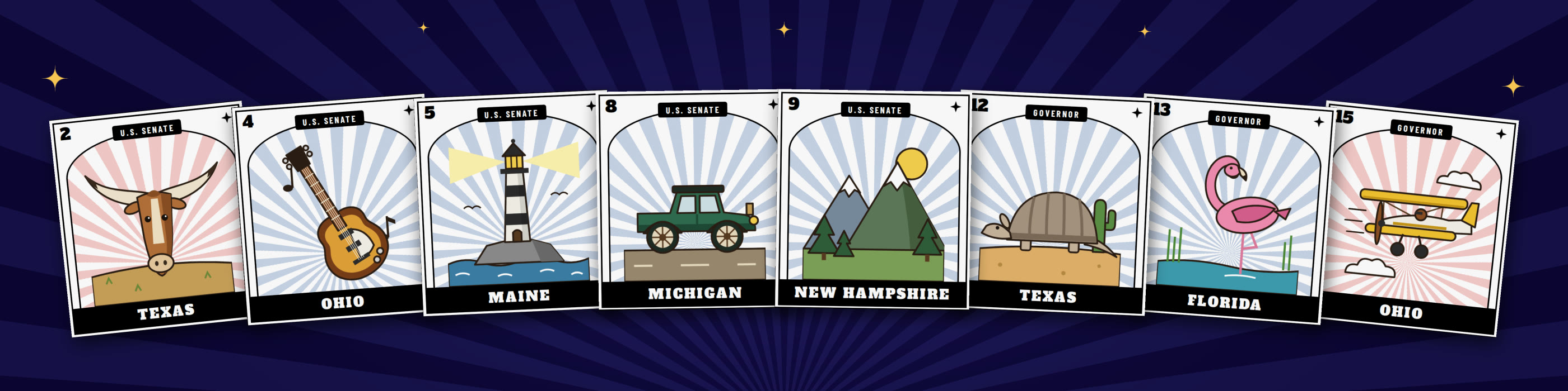 The eight Meebterms Lotería cards: Texas, Ohio, Maine, Michigan and New Hampshire for U.S. Senate, and Texas, Florida and Ohio for Governor